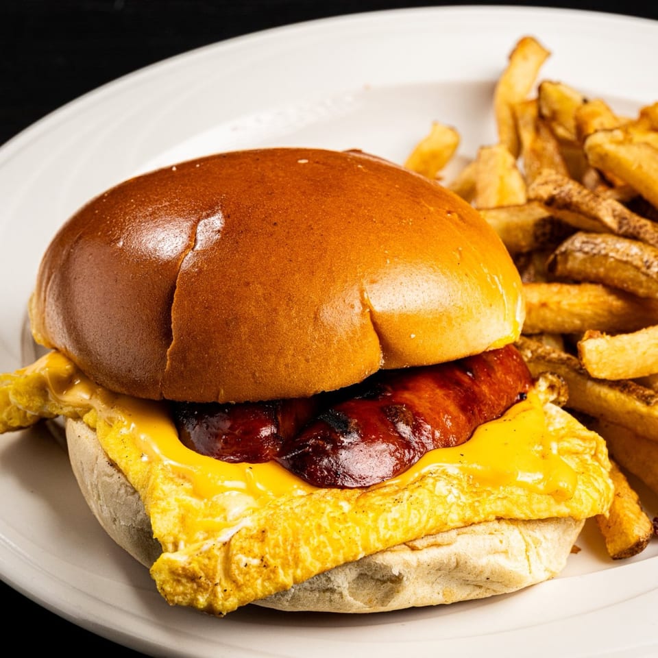 Tex-Mex breakfast sandwich with sausage, egg, and cheese on a bun, served with fries.